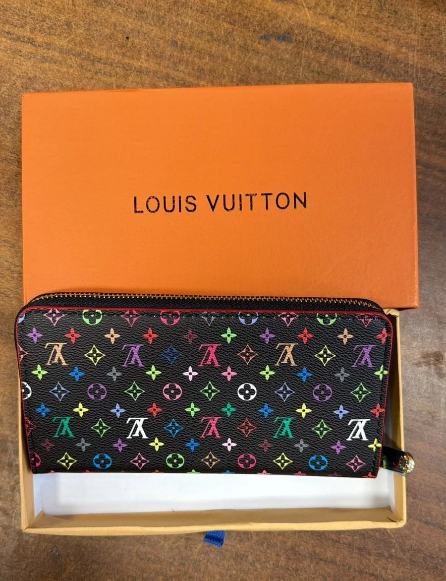 Product Title: Black Multicolor Monogram Zip-Around Long Wallet Clutch for Women