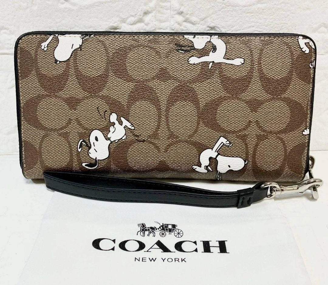 COACH x PEANUTS Snoopy & Woodstock Long Zip Wallet – Brown Multi Signature Canvas